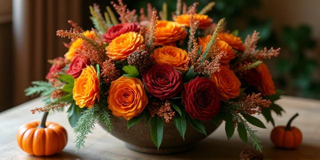 Herbstliches Gesteck mit Beeren und Blättern