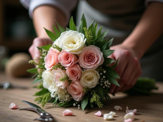 Floristin arrangiert einen maßgeschneiderten Strauß in einem Atelier