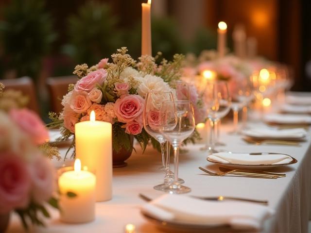 Elegante Tischdekoration mit frischen Blüten und Kerzen