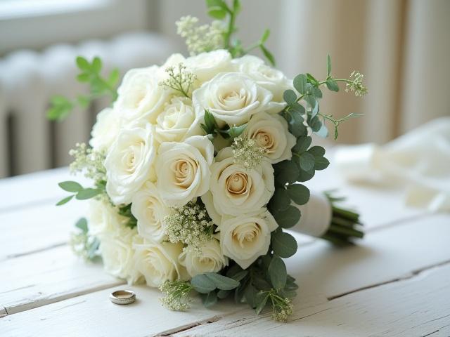 Ein Brautstrauß aus weißen Rosen und grünem Eukalyptus auf einem Holztisch