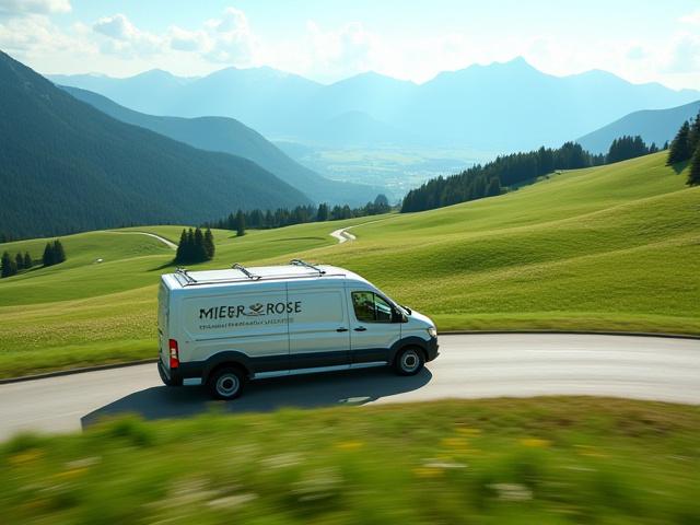 Ein Blumenlieferwagen fährt durch eine malerische Landschaft