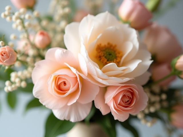 Nahaufnahme eines eleganten, maßgeschneiderten Blumenarrangements mit Rosen und Eukalyptus