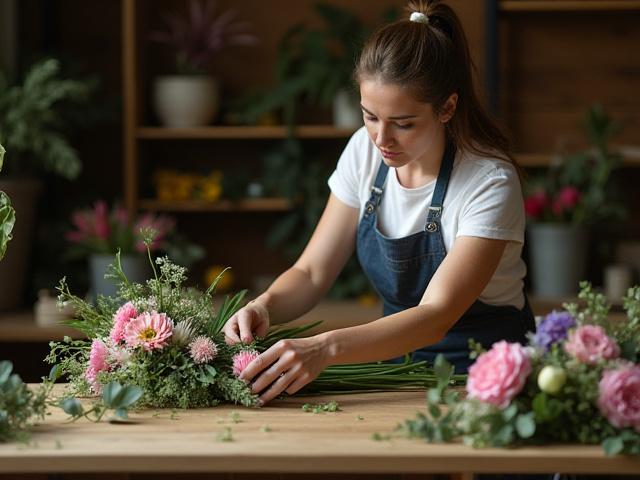 Teammitglied arrangiert Blumen in einem Workshop