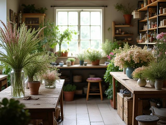 Gemütlicher Blumenladen oder Werkstatt mit frischen Blumen und Dekorationen